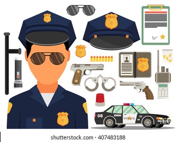 Vector illustration with policeman. Flat style. Elements for infographic.