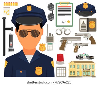 Vector illustration with policeman. Flat style. Elements for infographic.