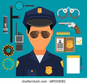 Vector illustration with policeman. Flat style. Elements for infographic.