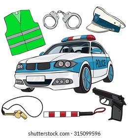 Vector illustration, policeman gear, cartoon concept, white background.