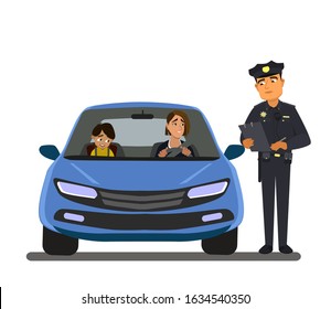 A vector illustration of a policeman giving a driver a traffic violation ticket