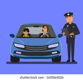 A vector illustration of a policeman giving a driver a traffic violation ticket