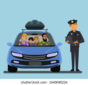 A vector illustration of a policeman giving a driver a traffic violation ticket