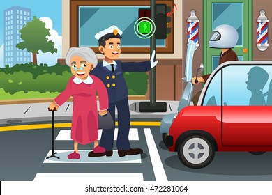 A vector illustration of policeman helping senior lady crossing the street