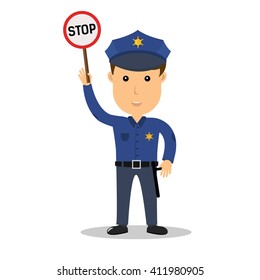 Vector illustration of a policeman holding a stop sign