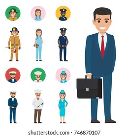 Vector illustration of policeman and lifesaver, medical adviser, bearded mariner and cook with ladle, stewardess in forage cap, manager with briefcase