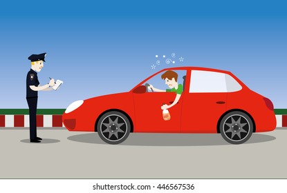 vector illustration of policeman officer arrest drunk young man driver with a bottle of alcohol in car.don't drink and drive concept