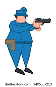 Vector illustration policeman pointing gun. Hand drawn. Colored outlines.