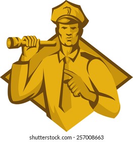 vector illustration of a policeman police officer holding a flashlight torch pointing facing front set inside diamond shape done in retro style.