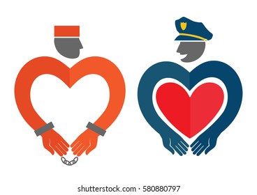 Vector illustration with policeman and prisoner. Concept of love. Template for Valentine's day