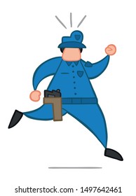 Vector illustration policeman running. Hand drawn. Colored outlines.