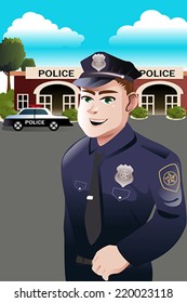 A vector illustration of policeman standing in front of police station