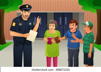 A vector illustration of policeman talking to kids