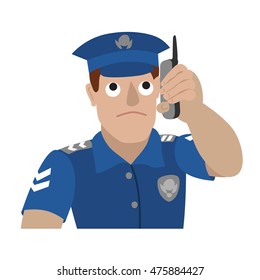 Vector illustration of policeman talking on a mobile phone isolated on white background. Portrait in flat style.