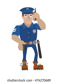 Vector illustration of policeman talking on a mobile phone isolated on white background.