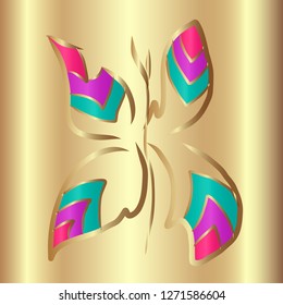 Vector illustration polished metal gold wave curved plate with a incuse butterfly abstract symbol. Background for design, decor, logo, print, poster, furniture and garments decoration, luxury packing.