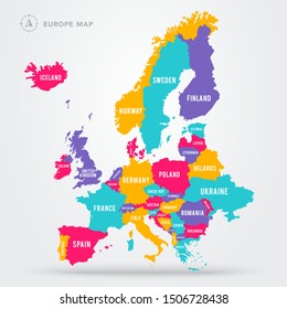 Vector illustration political map of europe. European continent in four colors with country name labels.