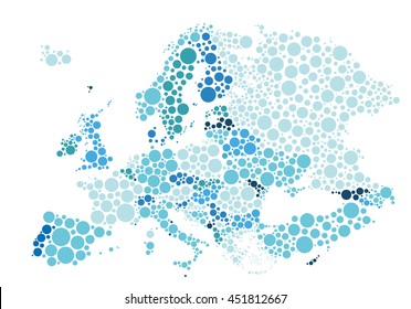 Vector illustration of political map of Europe designed with different sizes and tones of blue dots.