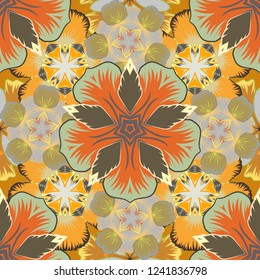 Vector illustration. Polka dots, confetti. Seamless pattern with bstract geometric modern elements. Art deco style. Shiny brown, yellow and orange backdrop.
