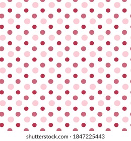 Vector illustration of polka dots pink shades of different sizes on a white background. Pastel textile design, surface packaging.