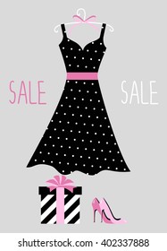 vector illustration of a polka-dot dress on a hanger, shoes and gift wrapping. hanger with fashion women summer clothing. Fashion boutique for design fashion