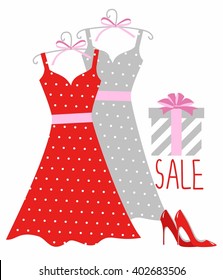 vector illustration of a polka-dot dress on a hanger, shoes and gift wrapping. hanger with fashion women summer clothing. Fashion boutique for design fashion