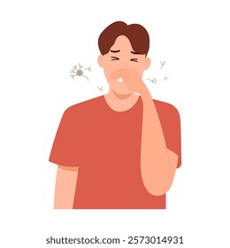 Vector illustration of pollen allergy and Hay fever. Man with allergic rhinitis, allergy symptoms, sneezing, runny nose, itchy eyes, nasal congestion. Flat design 