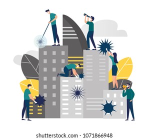 Vector illustration, a polluted city, masked people clean the city of bacteria and viruses, the release of viruses into the atmosphere, dirty air vector