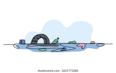 Ilustração vetorial de água poluída com lixo. Plano moderno em estilo de linha contínua.