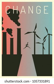 Vector illustration polluting electricity generation production. Polluting fossil thermal coal and nuclear power plants versus clean and wind turbines renewable energy. Minimalist retro poster change 