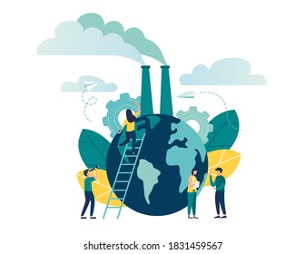 Vector illustration, pollution of the planet, emission of harmful substances into the environment, working factories, the concept of Earth Day