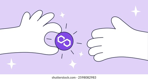 Vector illustration of a Polygon Crypto Transaction Represented by Hands Sharing a Purple POL Cryptocurrency Token