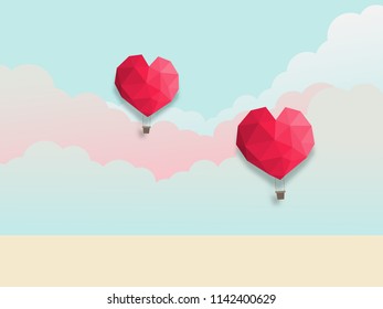 Vector illustration of polygon red heart balloon flying in the cloudy sky. Paper art concept on pastel background use for Valentine's Day card.