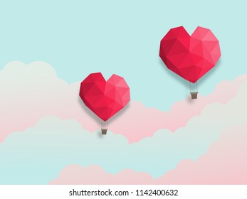 Vector illustration of polygon red heart balloon flying in the cloudy sky. Paper art concept on pastel background use for Valentine's Day card.