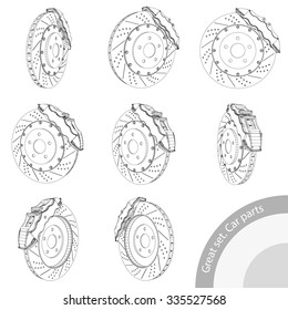 Vector illustration polygon. Sports ventilated and perforated brake discs with calipers.