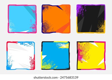 Vector illustration. Polygonal abstract frame set with halftone dots. Square banner. Retro vintage background collection. Pop art color style background. Design element for web template, social media