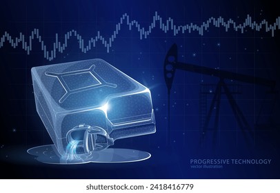 Ilustración vectorial de un concepto poligonal, un cartucho con fugas de combustible, en el fondo de un gráfico de precios, y una bomba de producción de petróleo. Un símbolo de negocio, dinámica de precios y demanda.