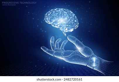 Vector illustration of a polygonal concept, the hand of a humanoid robot over which the brain is a symbol of the mind, artificial intelligence, technology, database analysis.