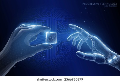 Vector illustration of a polygonal concept, a hand with a microprocessor, and the hand of a humanoid robot, on the background of a printed circuit board, technology development, AI, machine learning.