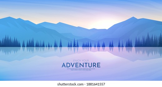 Vector illustration. Polygonal design. Minimalist wallpaper. Flat background. Landscape with trees near water. Triangle shapes. Mountain ridge. Gradient color. Tourism and travel concept.