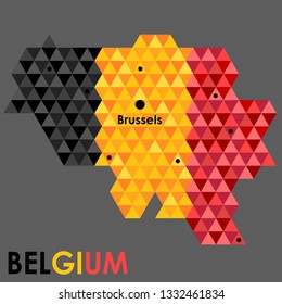 Vector illustration of polygonal flag of Belgium. Brussels. Map Belgium