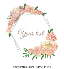 Vector illustration. Polygonal frame with peonies. Frame for the invitation. Greeting card