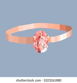 Vector illustration. Polygonal gold ring with pink crystal on a grey background