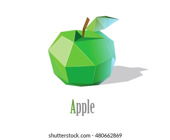 Vector illustration of polygonal green apple with leaf, modern low poly icon, isolated fruit object