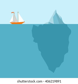 Vector illustration with polygonal iceberg under and above water. Ship in danger on blue background. Business or personal problem theme vector illustration. Could be use as element of business design.