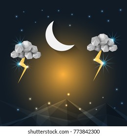 Vector illustration polygonal landscape at night with moon and cloud, flat design style