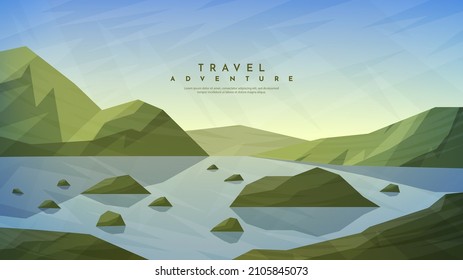 Vector illustration. Polygonal minimalist polygonal design. Nature landscape background. Panoramic view. Design element for web banner, website template. Cartoon flat style. Green hills near water