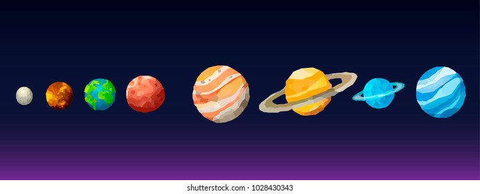 Vector illustration. Polygonal planets on a gradient violet background.