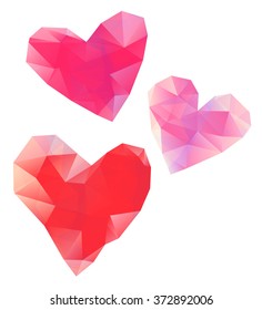 Vector illustration Polygonal red hearts on white background banner