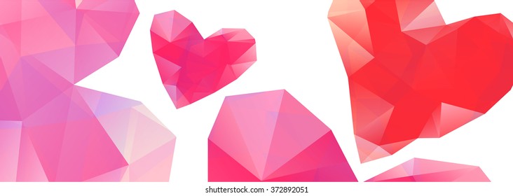 Vector illustration  Polygonal red hearts on white background banner